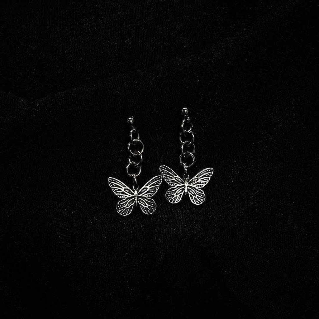 SKHEK Vintage Goth Tassel Butterfly Metal Chain Pendant Earrings For Women Egirl Party Accessories Jewelry