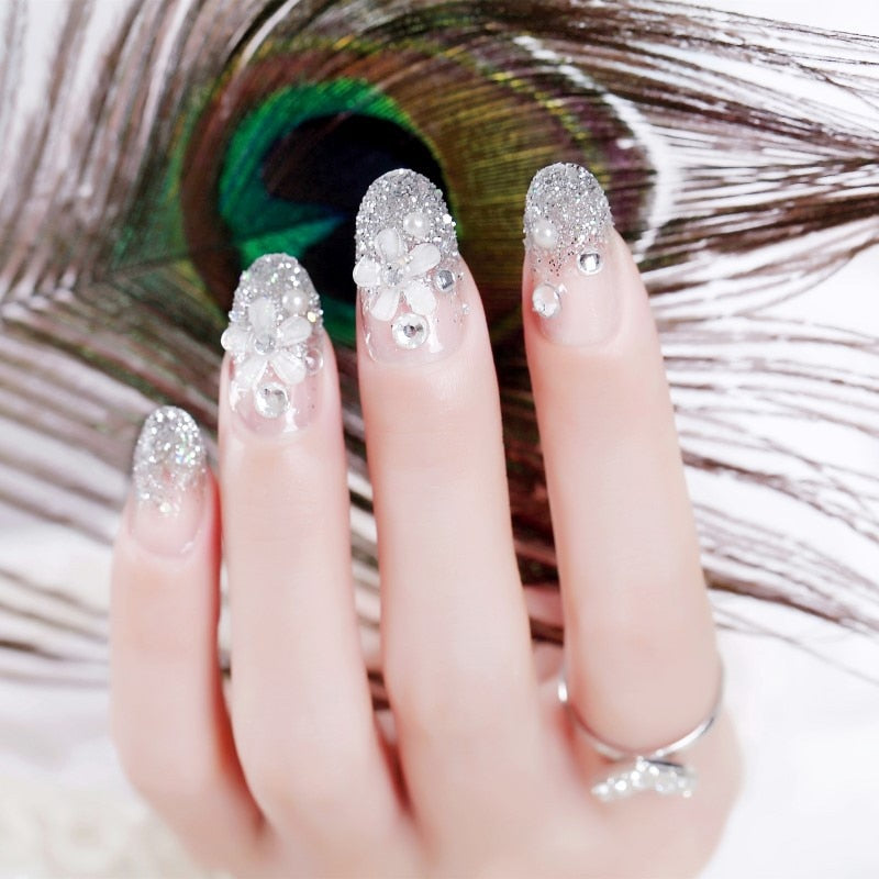 SKHEK Wedding Beauty Fake Nails DIY Glitter Acrylic Full Cover Nail Art Tips With Glue Girls Shining Rhinestones Fashion False Nail