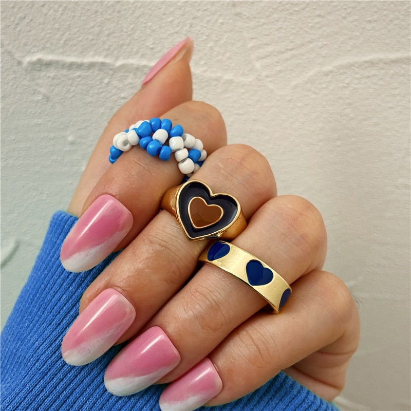 Skhek Vintage Golden Heart Rings Set for Women Fashion Pink Green Color Resin Flower Love Heart Ring Wholesale Jewelry