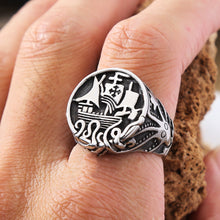 Load image into Gallery viewer, Skhek Vintage Stainless Steel Viking Pirate Ship Ring For Men Gothic Octopus Tentacle Stamp Ring Nordic Amulet Jewelry Gift Wholesale