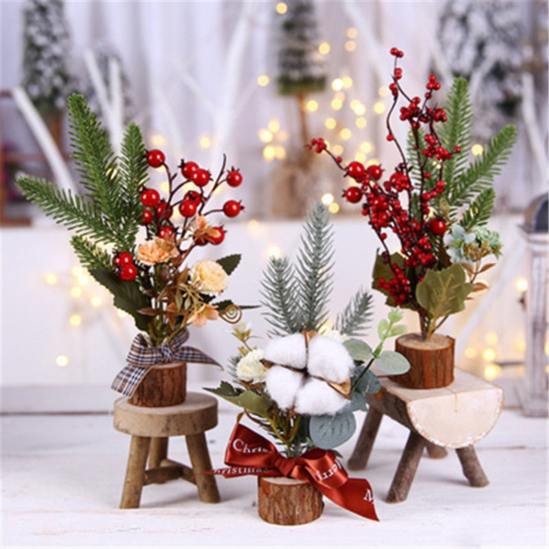 Christmas Gift Artificial Flower Leaf Decoration Gift Crafts Small Artificial Plant Desktop Home Decor Festival Party 2022 Christmas Ornaments