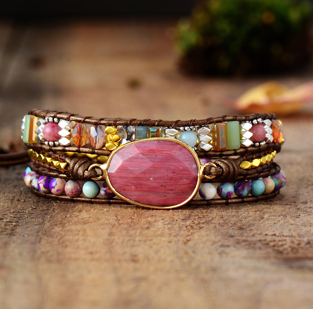 Skhek Leather Wrap Bracelet W/ Stones Multi Color Natural Beads Crystal Weaving Statement Art Bracelet Gifts