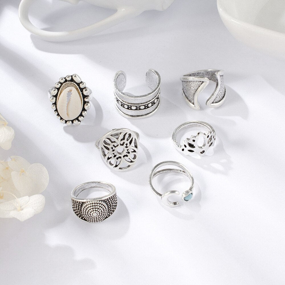 11 Pcs/set Bohemian Beach Retro Moon Shell Hollow Lotus Wave Gems Geometry Joint Ring Set Women Charm Jewelry Accessories
