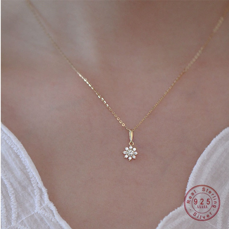 Christmas Gift HI MAN 925 Sterling Silver Plating 14K Gold Korean Crystal Flower Pendant Necklace Women Temperament All-Match Jewelry