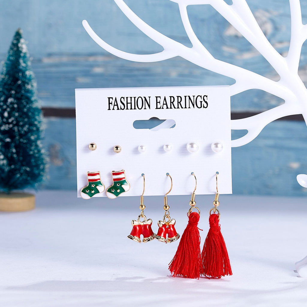 Christmas Gift Rinhoo 6Pairs/Set Sock Bell Snowman Christmas Tree Santa Claus Tassel Drop Earring For Women Xmas Fashion Jewelry Gift