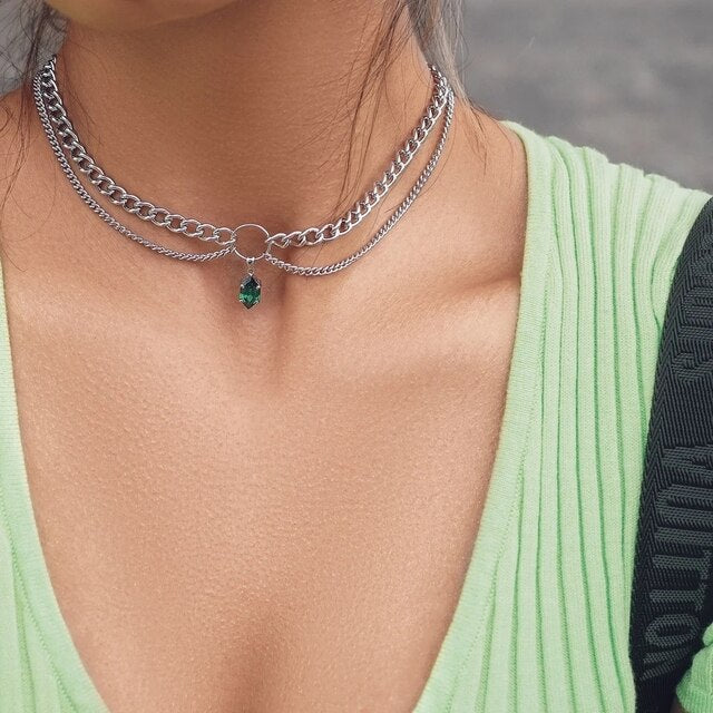 Skhek Punk Geometric Transparent Crystal Pendant Necklaces for Women Hiphop Silver Color Short Choker Necklaces Jewelry