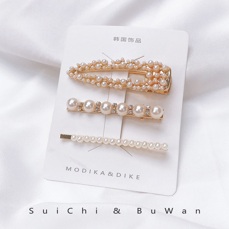 Handmade Pearls Hair Clips Pin For Women Fashion Geometric Flower Barrettes Headwear Girls Sweet Top Clip Crystal Accessorie