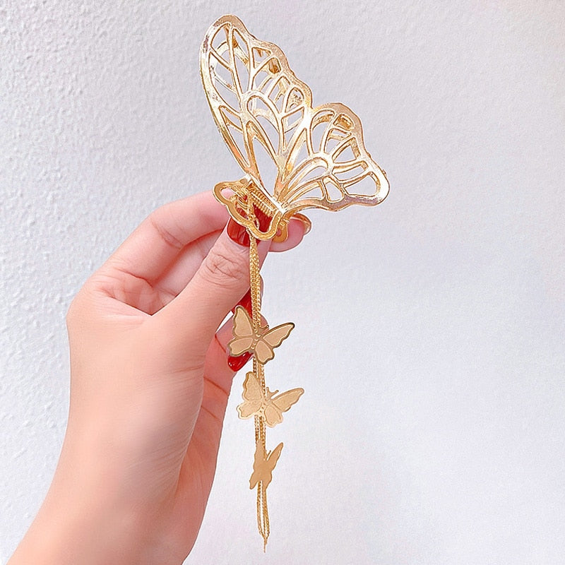 SKHEK Hollow Out Butterfly Heart Tassel Hair Pins For Women Girl Vintage Metal Silver Color Harajuku Hair Clip Jewelry Accessories New