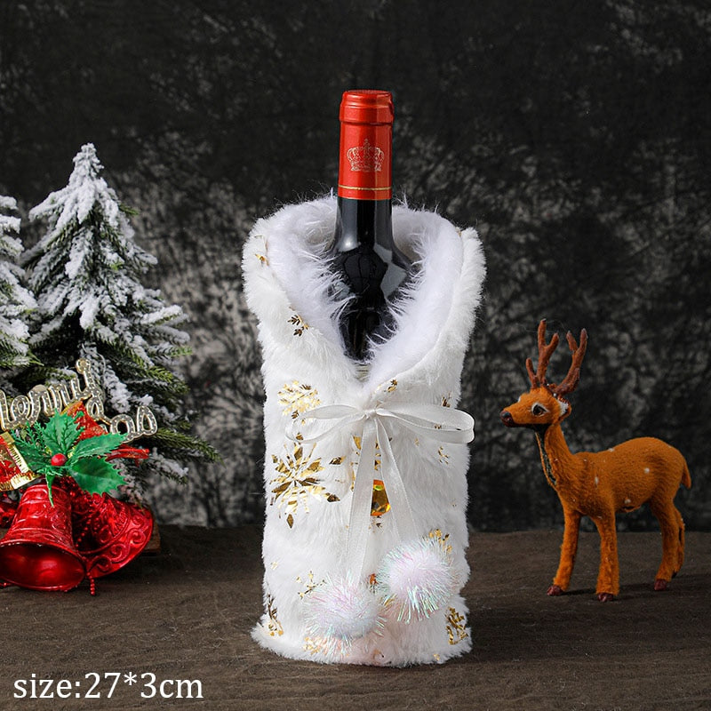 White Plush Christmas Wine Bottle Cover Noel Restaurant Stamping Gold Silver Sonwflake Champagne Red Wine Bag Home Table Decor