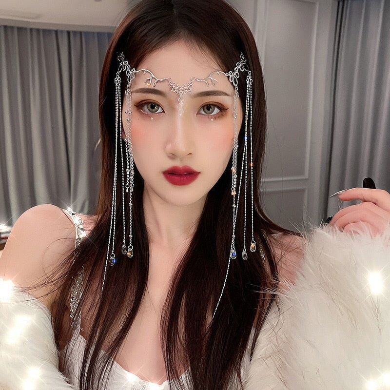 Bohemian elegant shiny Rhinestone long tassel hair ornament Water Drop Crystal retro hairpin women's Chinese accessories