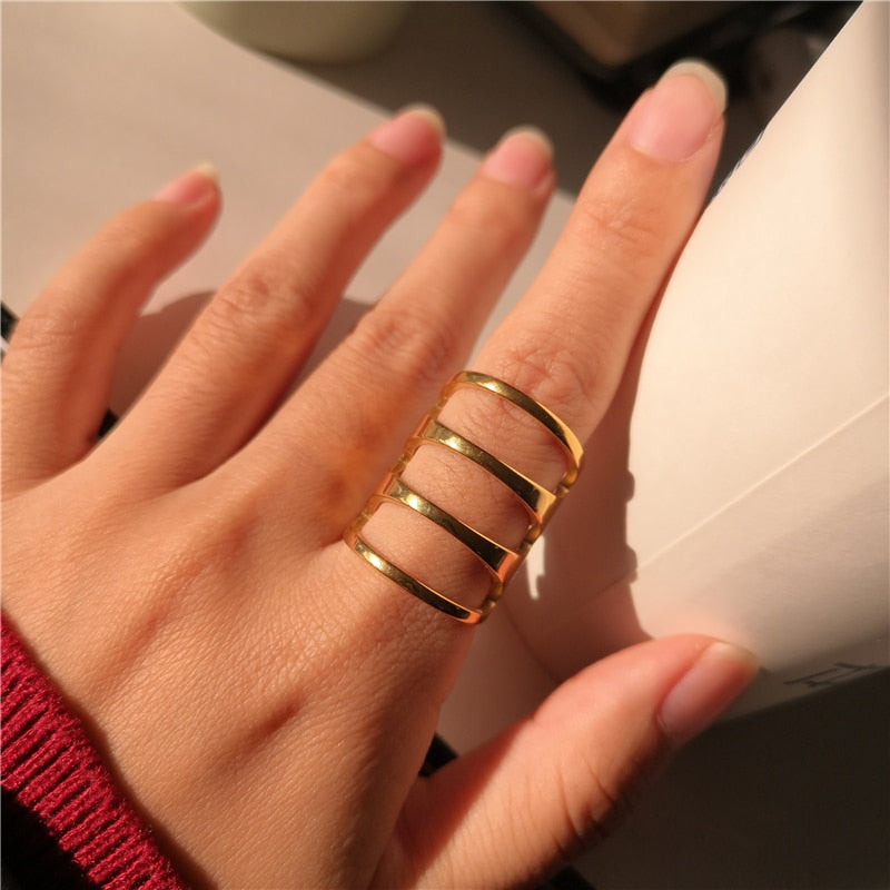 SKHEK New Gold Color Stainless Steel Wide Rings Titanium Steel Geometric  Irregular For Women Large Ring Vintage Jewelry Best Gifts