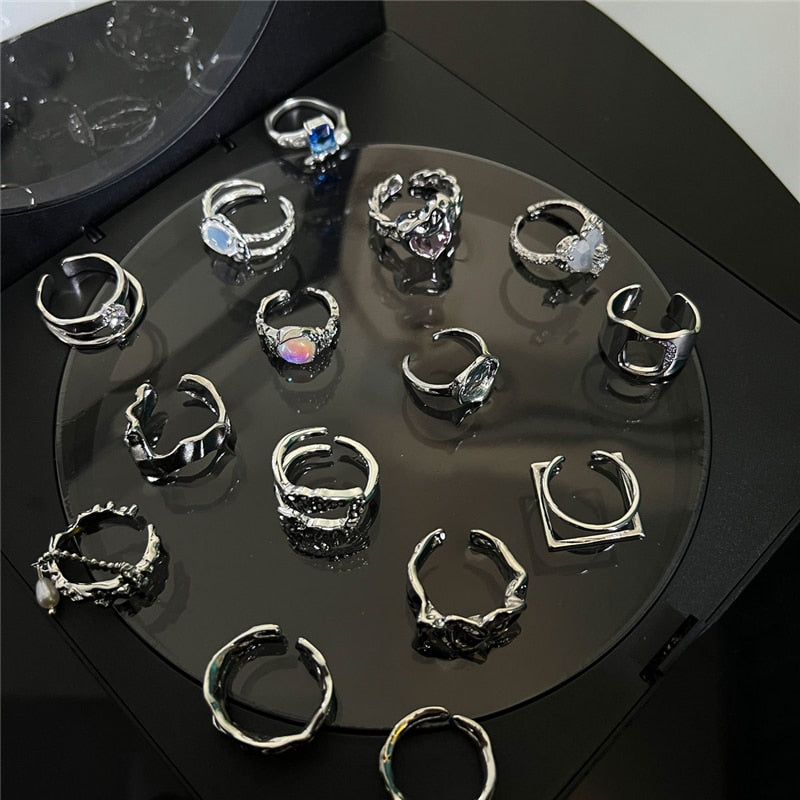SKHEK 2022 New Kpop Retro Punk Gothic Silver Color Irregular Geometry Heart Metal Ring For Women Men Girls Party Grunge Y2k Jewelry