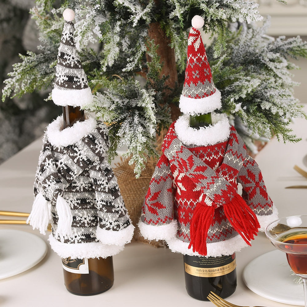 Hot Sale Christmas Decoration Set Knitted Scarf Hooded Clothes Wine Bottle Set Party Restaurant Table Wine Bottle Bag DIY Cheap