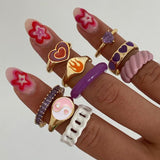 Skhek Ins Style Colorful Love Heart Rings For Women Men Lover Vintage Heart Couple Rings Yingyang Flame Finger Ring Jewelry