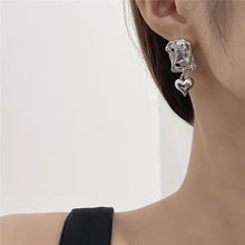 Load image into Gallery viewer, SKHEK Korea Fashion Silver Color Asymmetry Crystal Love Heart Tassel Charm Drop Earrings For Women Party Wedding Jewelry Accessories