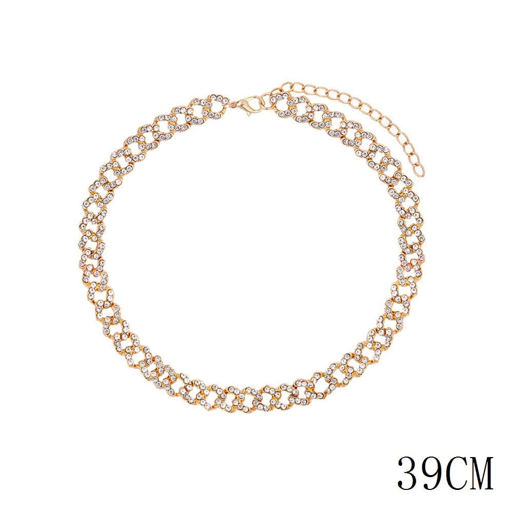SKHEK 12Mm Miami Cuban Link Chain Gold Silver Color Choker Necklace For Women Iced Out Crystal Rhinestone Necklace Hip Hop Jewlery