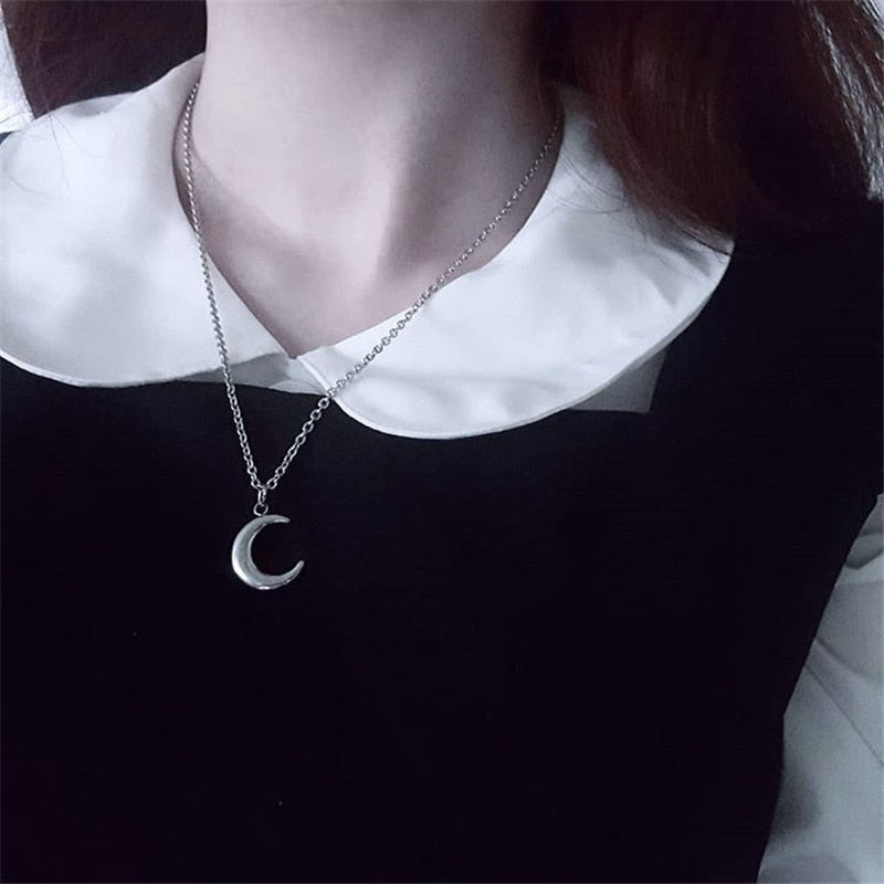 SKHEK Kpop Vintage Harajuku Goth Metal Moon Pendant Chain Necklace For Cool Egirl Women Men BFF Halloween Aesthetic Jewelry Gifts