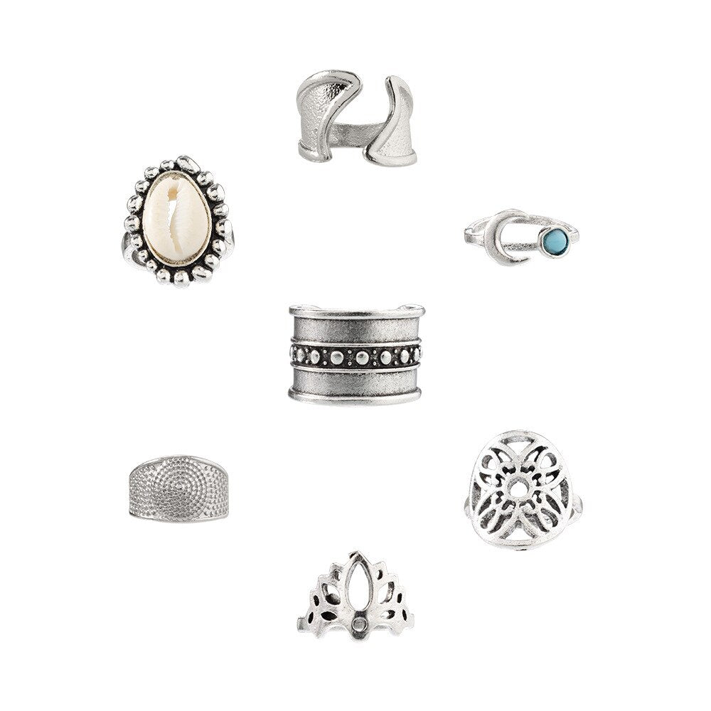 11 Pcs/set Bohemian Beach Retro Moon Shell Hollow Lotus Wave Gems Geometry Joint Ring Set Women Charm Jewelry Accessories
