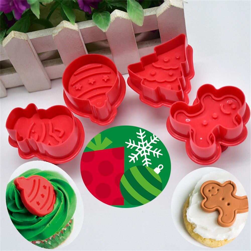 4PC/Set Christmas Tree Gingerbread Man Set Template Stencils Fondant Mold Cake Decorating Mold Christmas Cutters Bakeware Tools