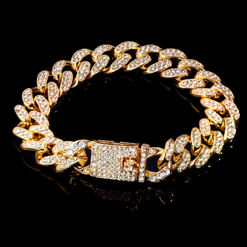 Skhek Iced Out Rhinestone Cuban Link Chain Bracelet For Women Luxury Bling Crystal Cuban Chunky Bracelets Men Punk Hip Hop Jewelry