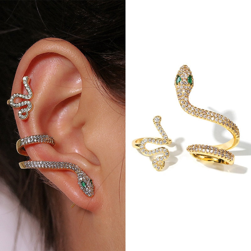 Skhek 2Pcs Spiritual Snake Ear Cuffs for Women Punk Gothic Earrings Shiny Zircon Earcuff Rock Fake Piercing Green Eyes Earring Jewelry