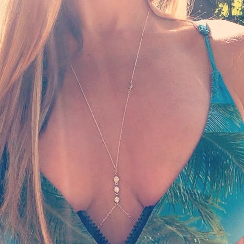 Sexy body chain necklace gold elegant summer Crystal Diamond Cross waist belly chain beach bikini Bohemian jewelry