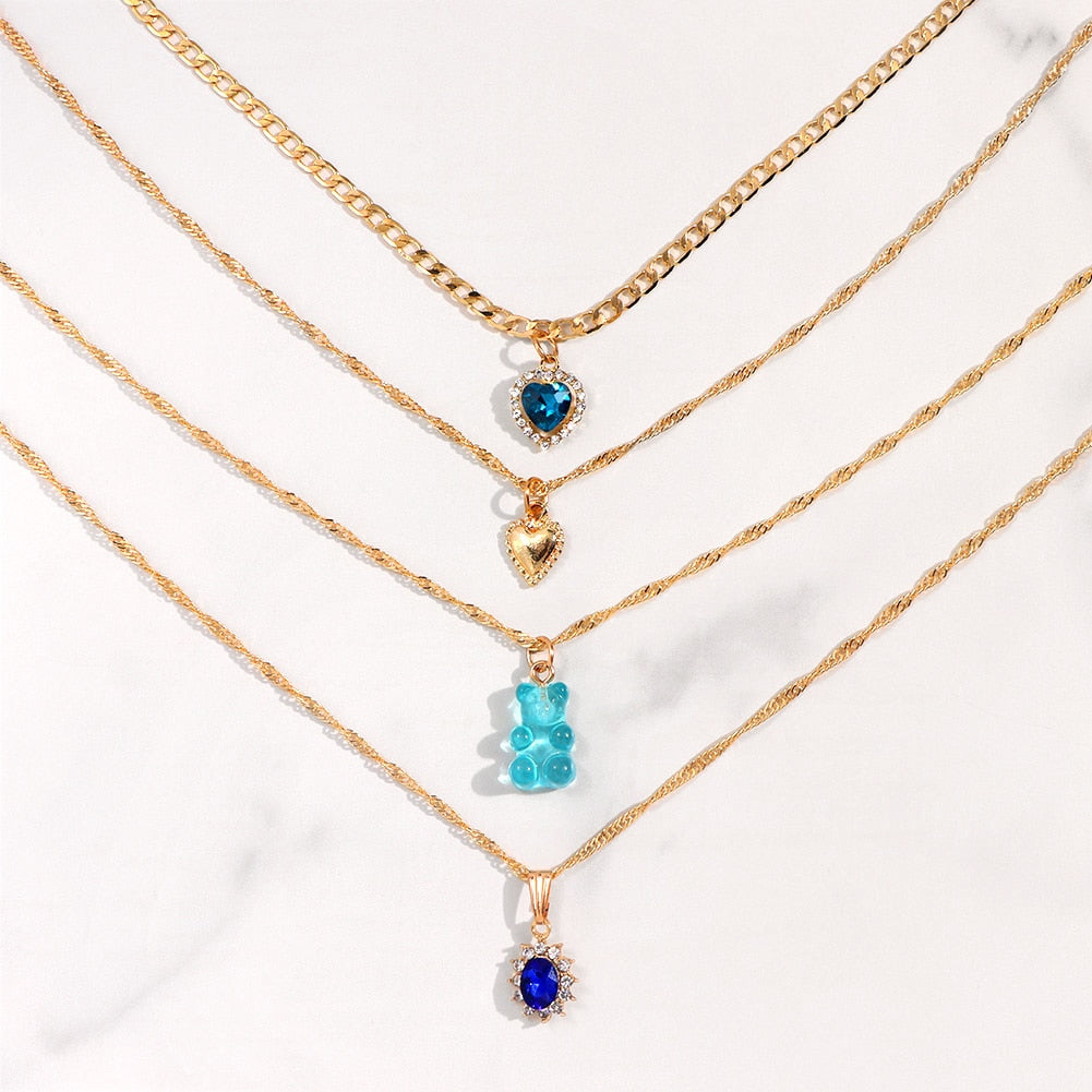 SKHEK New Fashion Blue Crystal Bear Gummy Pendant Necklace For Women Multi-Layer Gold Color Snake Chain Metal Link Necklace Jewelry