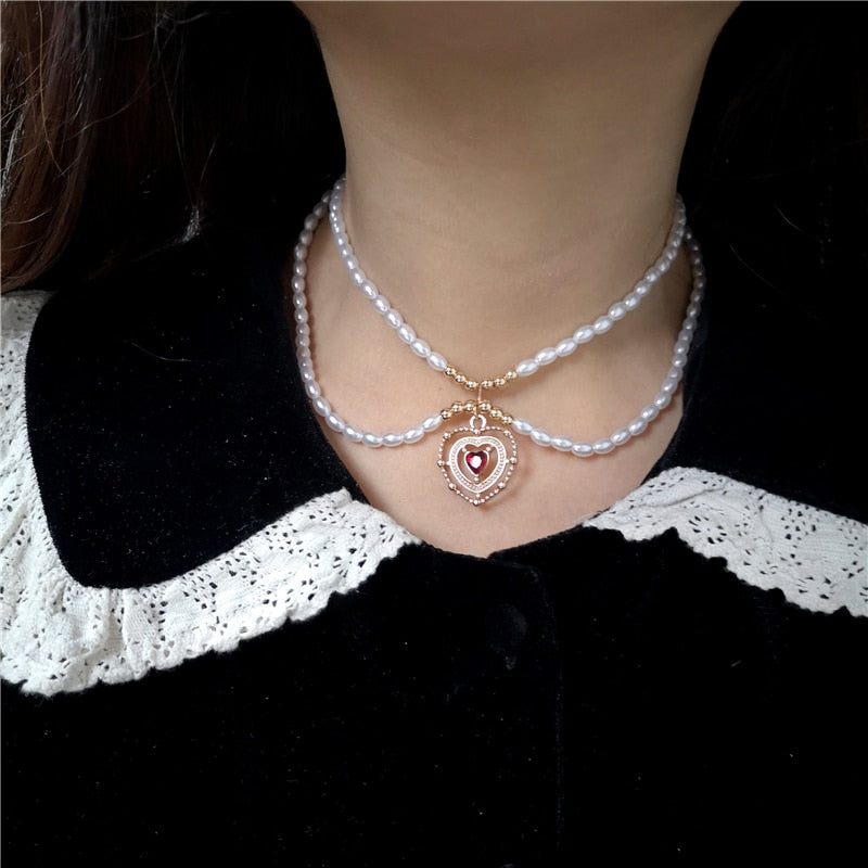 SKHEK 2022 Kpop Vintage Baroque Aesthetic Love Heart Pendant Zircon Pearl Chain Choker Necklace For Women Y2K Halloween Party Jewelry