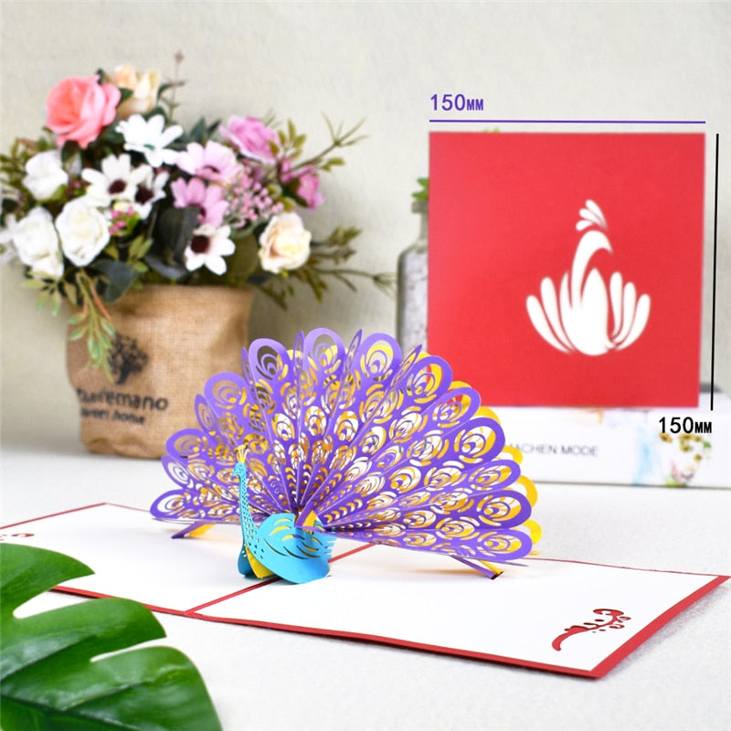 Peacock 3D Pop-Up Cards Birthday with Envelope Animal Greeting Card Postcards Handmade
