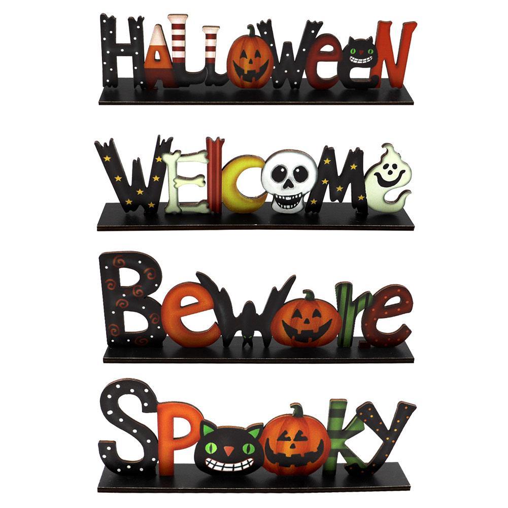 SKHEK Halloween Letters Wooden Table Decoration Cartoon Pumpkin Cat Boots Sign Backdrop Rustic Farmhouse Holiday Party Tier Tray