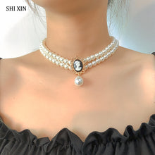 Load image into Gallery viewer, SHIXIN Layered Short Pearl Choker Necklace for Women White Beads Necklace Wedding Jewelry on Neck Lady Pearl Choker Collar Gifts