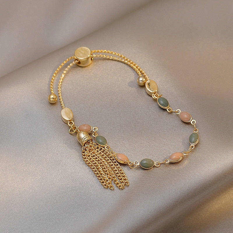 Skhek Minar Blue Green Color Crystal Charm Bracelets for Women Gold Color Beaded Chain Double Layered Adjustable Bracelet Accessories