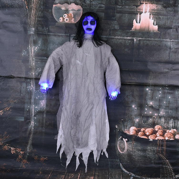 SKHEK Halloween Decor Luminous Hairy Girl Hanging Ghost Home Decor Voice Control Simulation Zombie Black Hair Haunted House Ornaments
