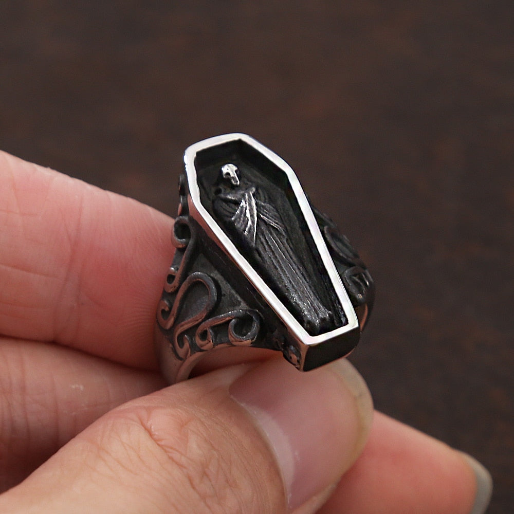 Skhek Goth Vampire Skull Ring Men Boy Punk Street Black Stainless Steel Coffin Ring Gothic Biker Jewelry Gift
