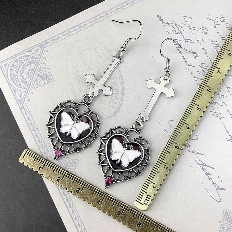 New Creative Cross Love Butterfly Earrings Exaggerated Personality Vintage Heart Dangle Earrings For Women Jewelry Accessories