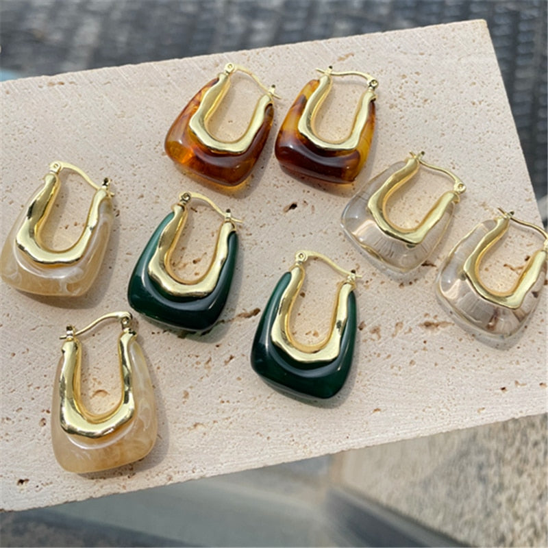 SKHEK 2022 Transparent Acrylic Colorful Resin Geometric U-Shaped Hoop Earrings Gold Color Metal For Woman Girls Travel Jewelry