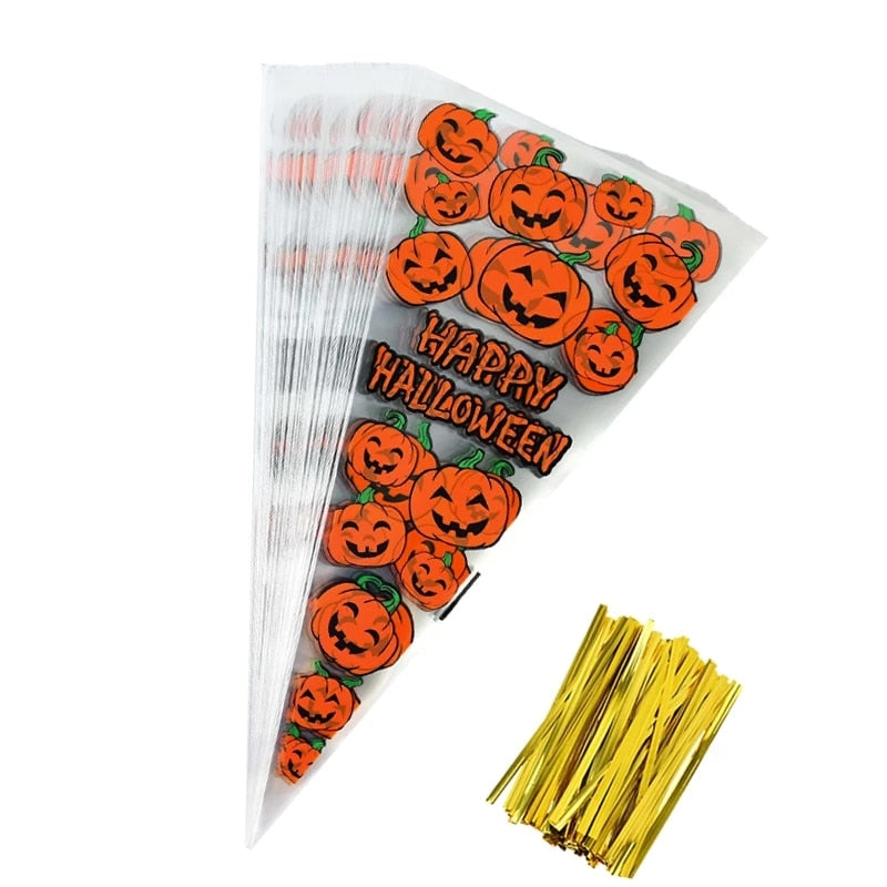 SKHEK Halloween 100Pcs Halloween Cone Bag Pumpkin Bat Spider Triangle-Shape Candy Bags Halloween Gift Favors Package Treat Or Trick Candy Pocket