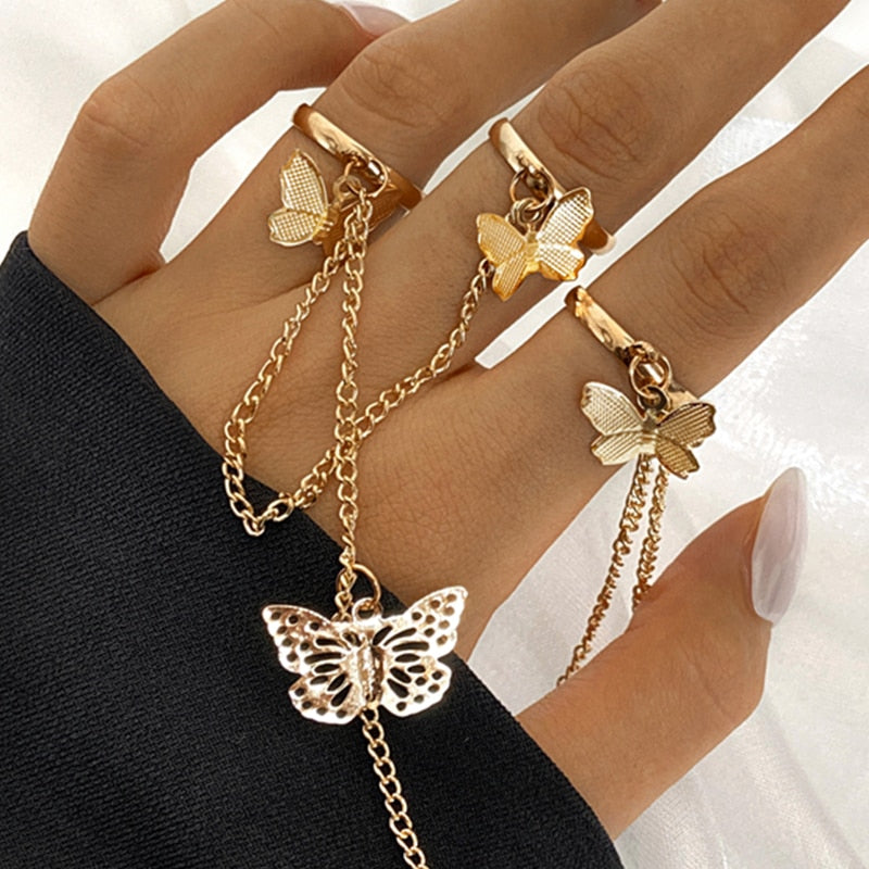 Skhek Punk Cool Hiphop Chain Rings Multi-layer Adjustable Open Finger Rings Set Alloy Man Rings for Women Party Gift Jewelry