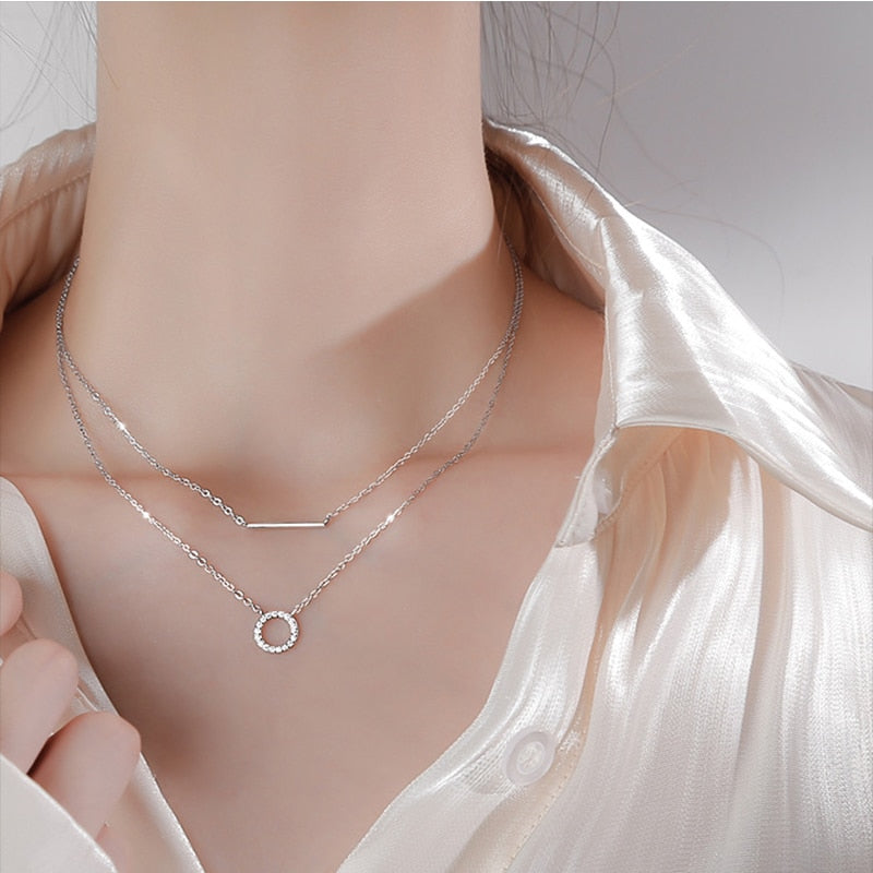 Female Geometric Double Necklace Clavicle Chain 925 Sterling Silver Pendant Necklace for Women Wedding Fine Jewelry Accessories