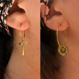 SKHEK New Gold Color Stainless Steel Geometric Circle Hoop Earrings Star Sun Moon Pendant For Women Girls Travel Jewelry