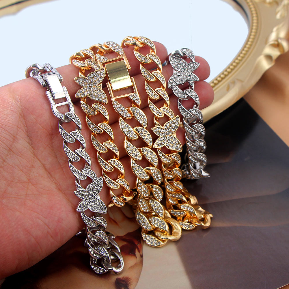 SKHEK Statement Cuban Link Butterfly Bracelet Gold Silver Color Crystal Bracelet For Women Cuban Chain Rhinestone Bracelet Jewelry