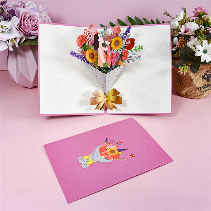 3D Mothers Day Flower Bouquet Card Pop-Up Birthday Greeting Cards for Mom from Daughter Son