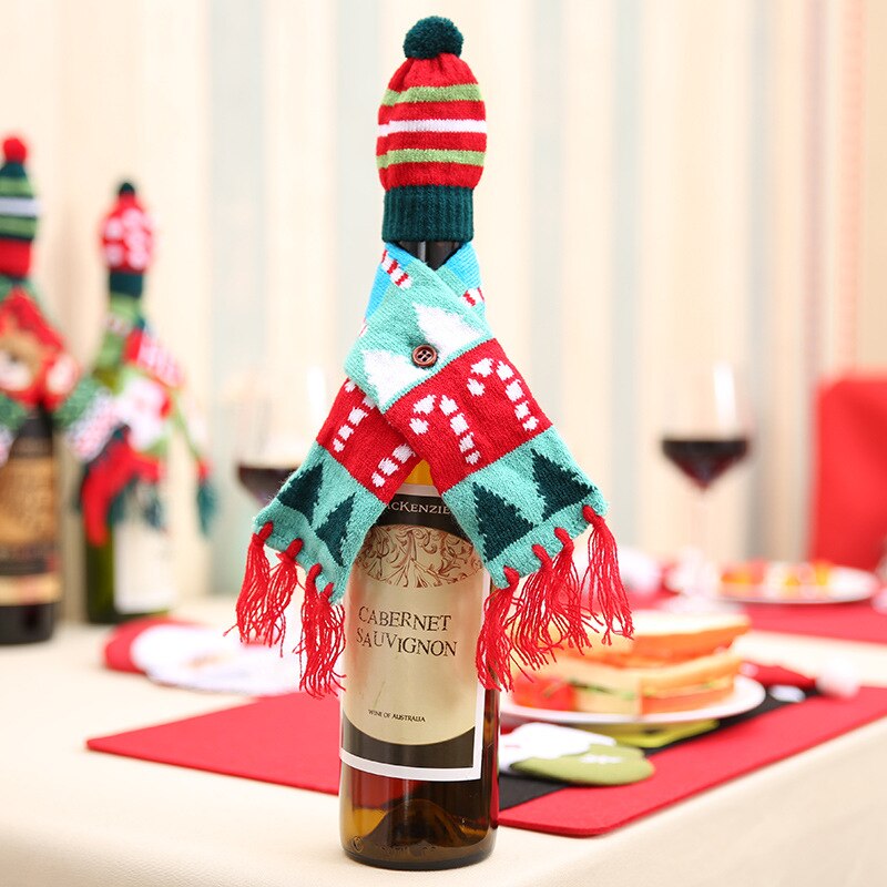 High Quality Christmas Wine Bottle Decorations Knitted Scarf Hat Set Dining Table Hotel Wine Bottle Decoration Wine Bottle Cover