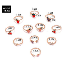 Load image into Gallery viewer, 11 Pcs/Set Sweet Crystal Apple Strawberry Cherry Grape Butterfly Rings for Women Cute Fruit Gold Rings Set Party Jewelry Gifts