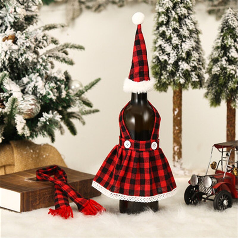 Christmas Gift Christmas Wine Bottle Cover Red Plaid Skirt Champagne Bottle Ornament Dust Cover New Year 2022 Table Decoration Xmas Decoration