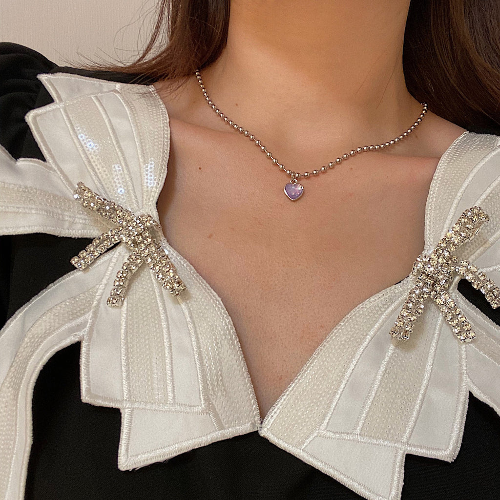 SKHEK Kpop New Fairy Aesthetic Purple Love Heart Pendant Bead Chain Necklace For Women Egirl Friends Retro Goth Halloween Jewelry Gift