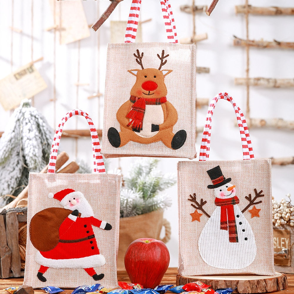 Christmas Decorations Linen Three-dimensional Embroidered Tote Bag Children Gift Bag Candy Bag Storage Bag