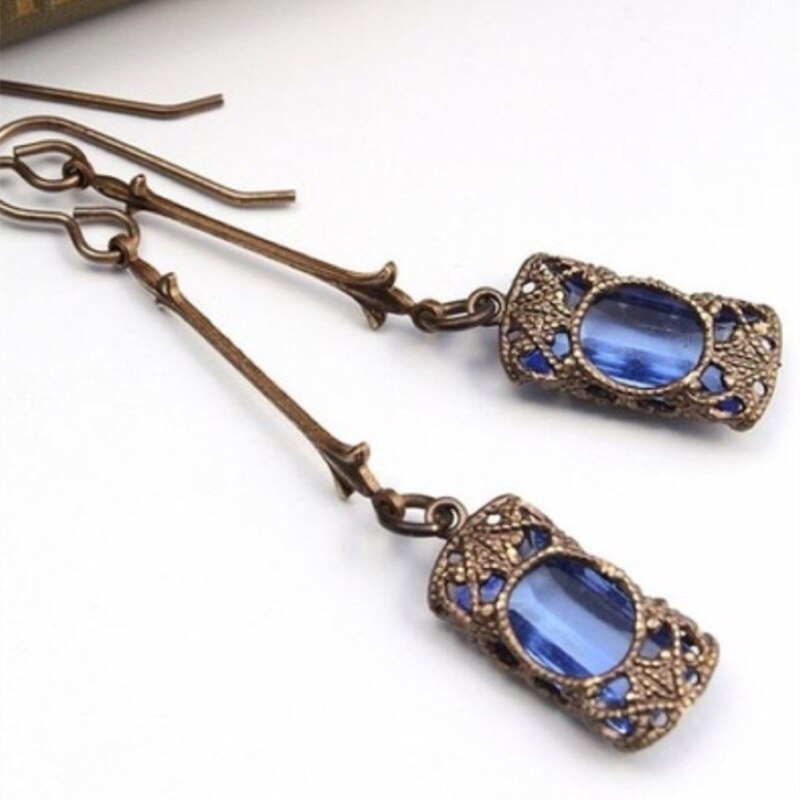 Skhek Modern Women Earrings Vintage Blue/Green Zircon Rhinestones Dangle Earrings For Women Jewelry Accessories Bohemian Gift
