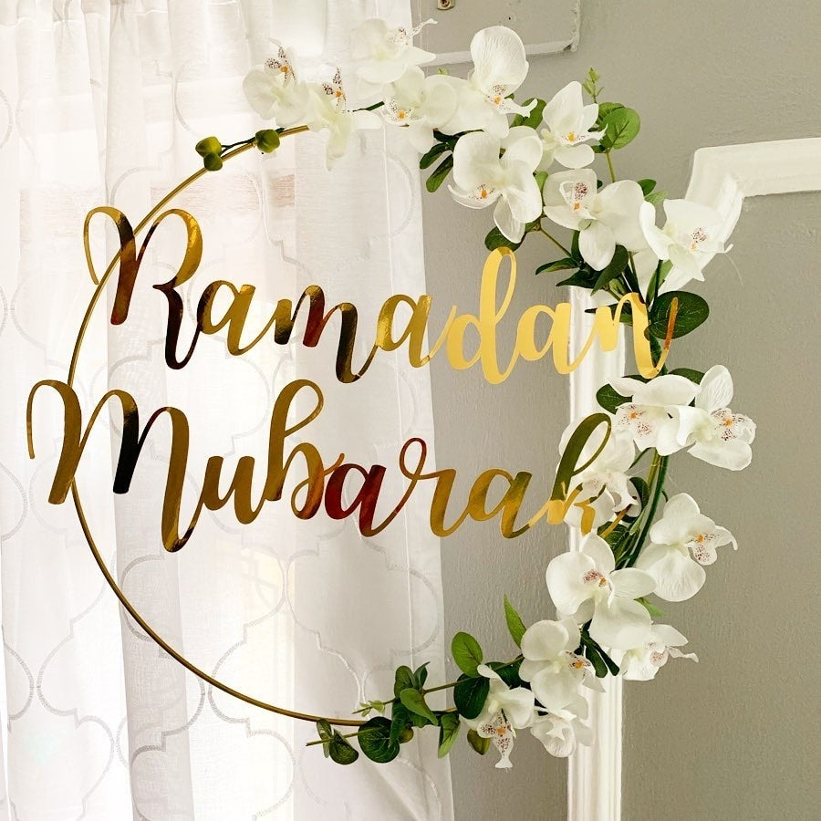 New Eid Mubarak Ramadan Kareem Decoration Moon Star DIY Pendant Hanging Artificial Flower Wreath Holiday Party Decoration