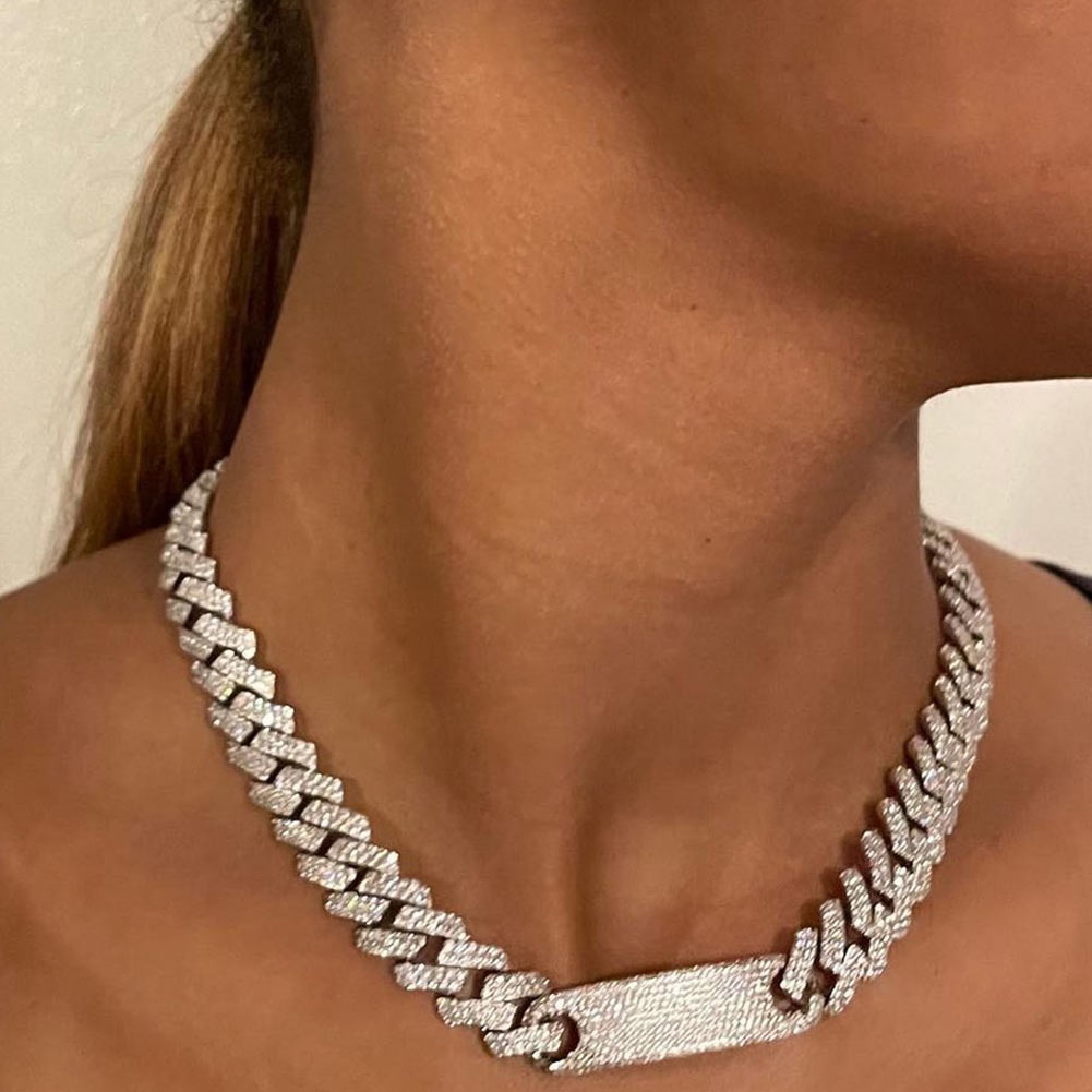 SKHEK Iced Out Paved Rhinestones Miami Curb Cuban Link Chain Necklace For Women Bling Crystal Chunky Choker Necklace Rapper Jewelry